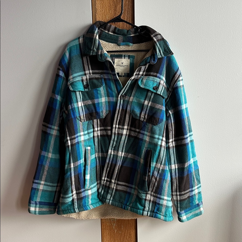 American Eagle Outfitters Teal Plaid Sherpa Jacket